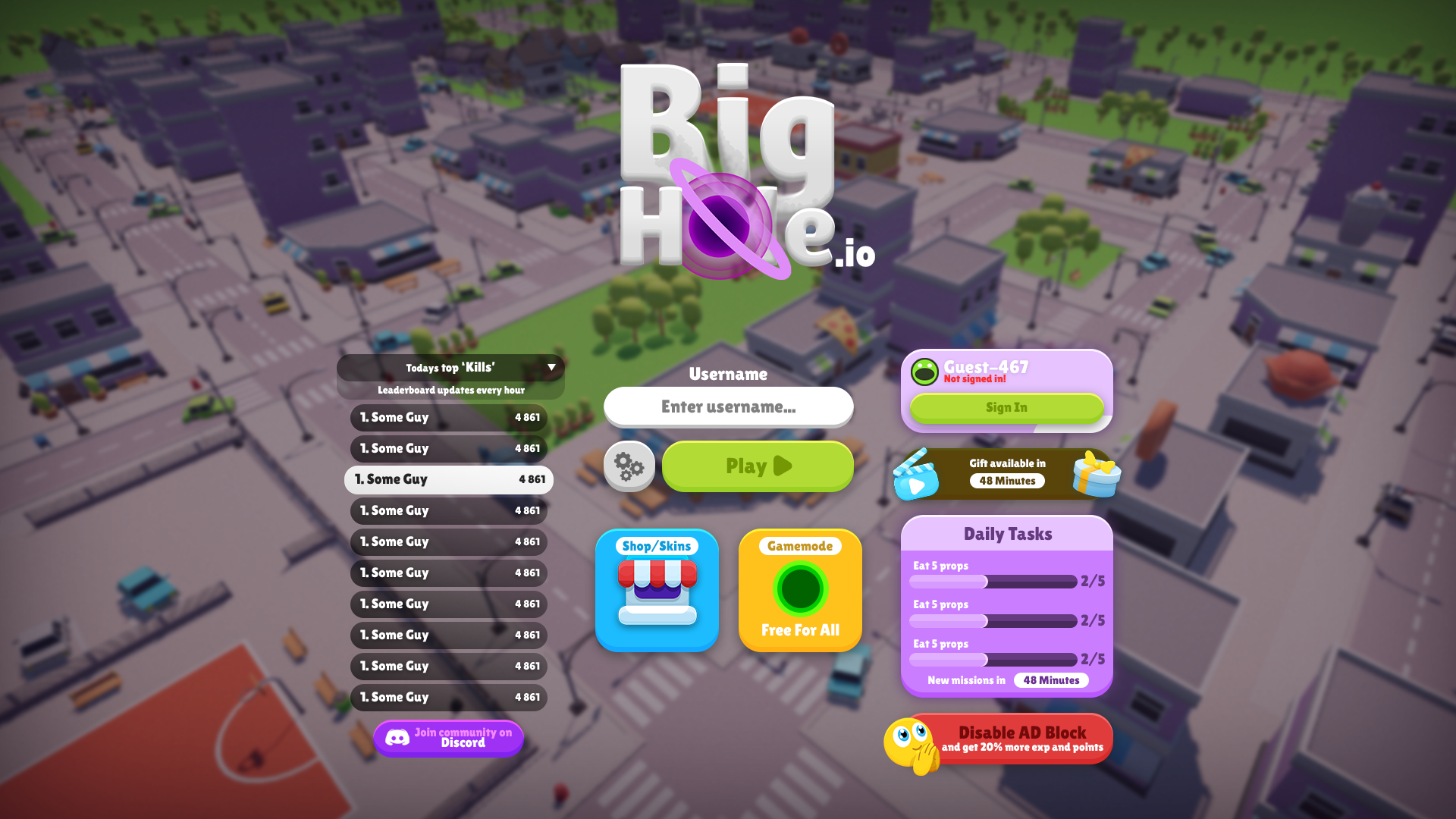 BigHole.io main menu screen
